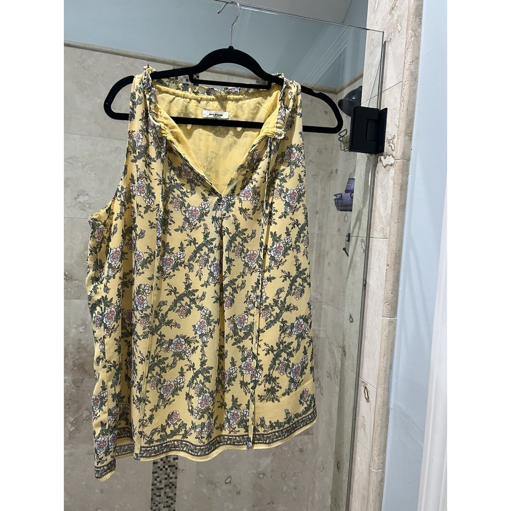 Max Studio Yellow White Floral Tie Neck Sleeveless Blouse XL 2704Y36